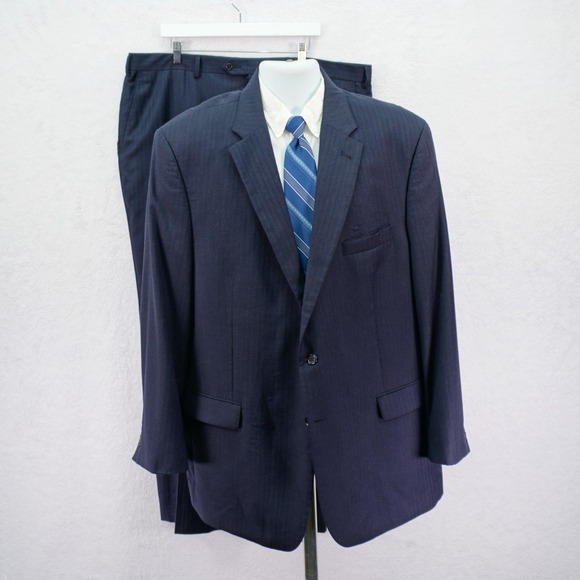 Jos A Bank Signature Tailored Fit Blue Flannel Wool Herringbone‎ Suit 46L46/32